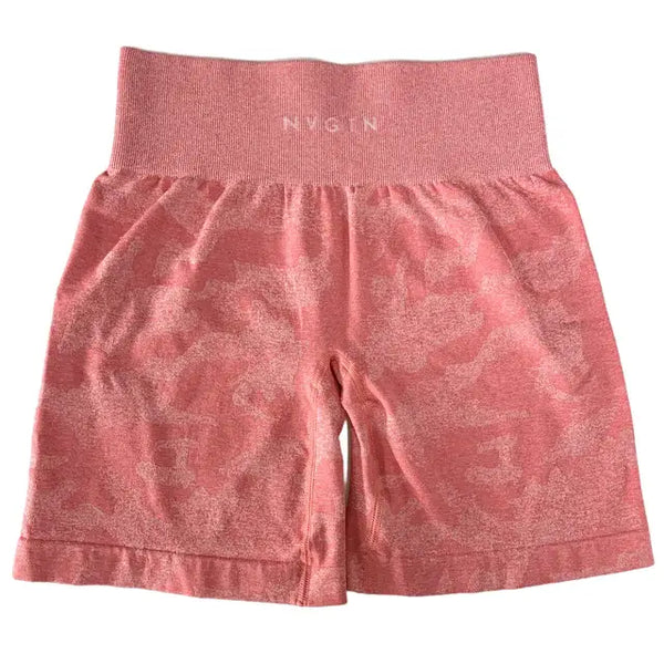 Blissful Touch Stretch Shorts in pink camouflage design, ideal for workouts and casual wear.