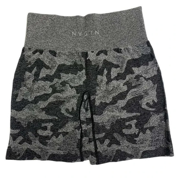 Blissful Touch Stretch Shorts in a black and grey camouflage pattern, perfect for workouts and casual outings.