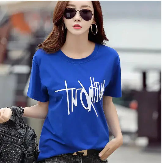 Short Sleeve T-Shirt for women in blue with stylish graphic, perfect for casual summer outings.