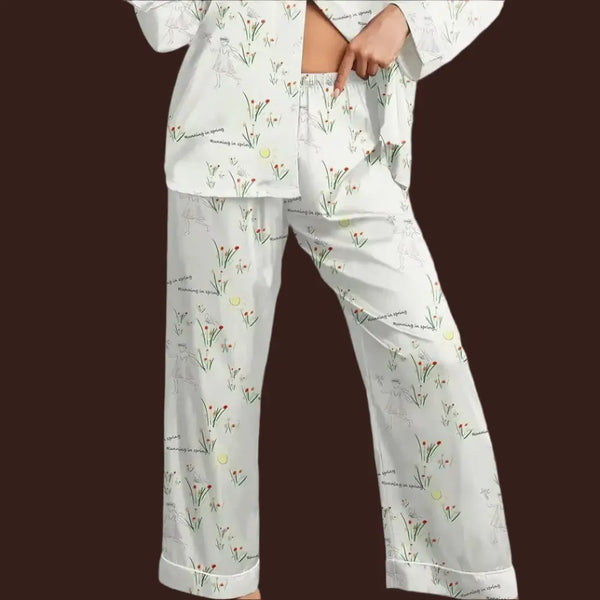 Brosloth Satin Pajamas Women Silk Pjs with floral print design in breathable satin fabric.