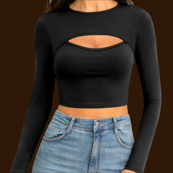 Tops for Women Long Sleeve Crop Top with front cutout detail and slim fit, styled with high-waisted jeans.