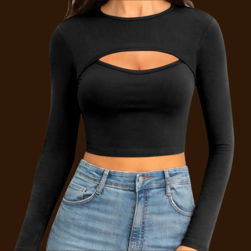 Tops for Women Long Sleeve Crop Top with front cutout detail and slim fit, styled with high-waisted jeans.