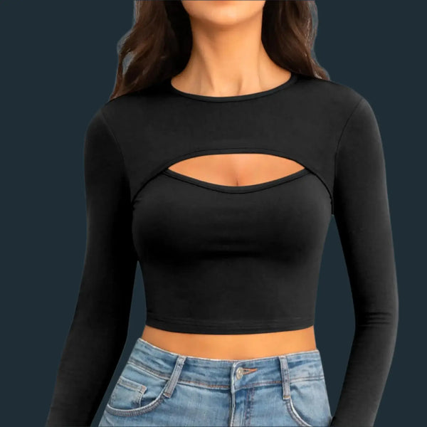 Tops for Women Long Sleeve Crop Top featuring a stylish cutout design in black with long sleeves and a slim fit.