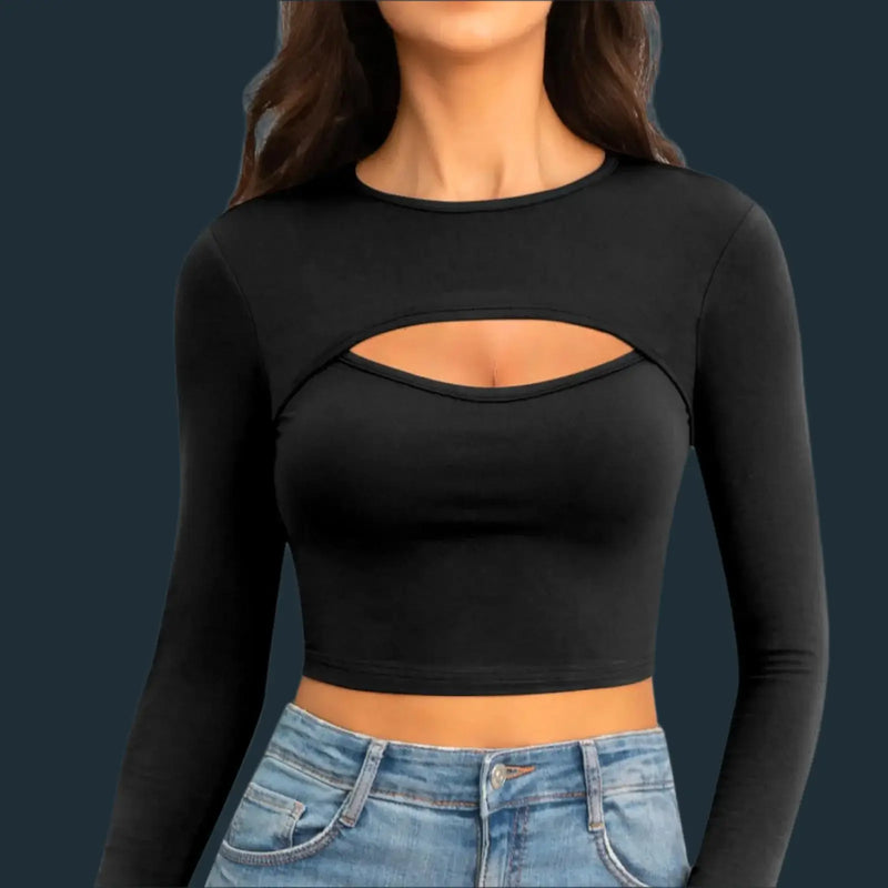 Tops for Women Long Sleeve Crop Top featuring a stylish cutout design in black with long sleeves and a slim fit.