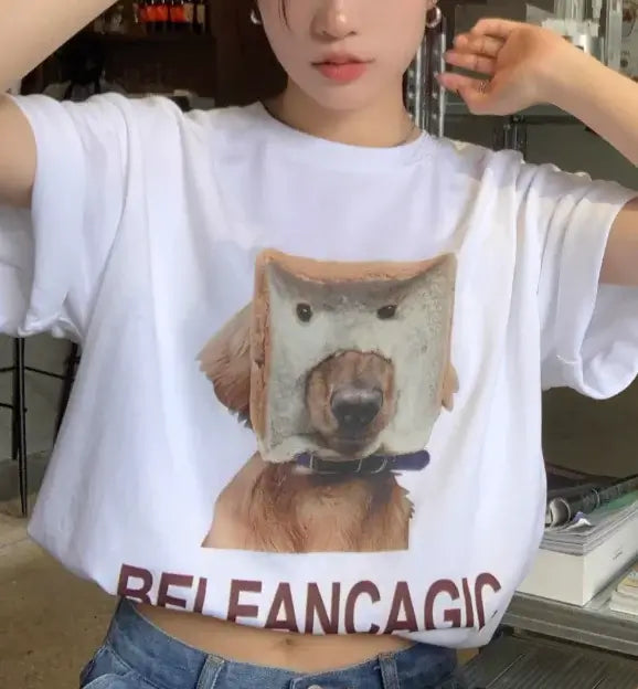 Short Sleeve T-Shirt for Women featuring a playful dog and bread graphic design.