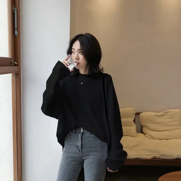 Chic Long Sleeve T-Shirt-Loose Fit Style worn by a woman in a casual setting, featuring a comfortable and stylish design.