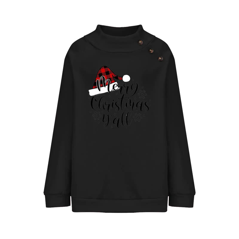 Christmas Spirit Turtleneck Pullover featuring a festive design with a Christmas hat and cheerful lettering.