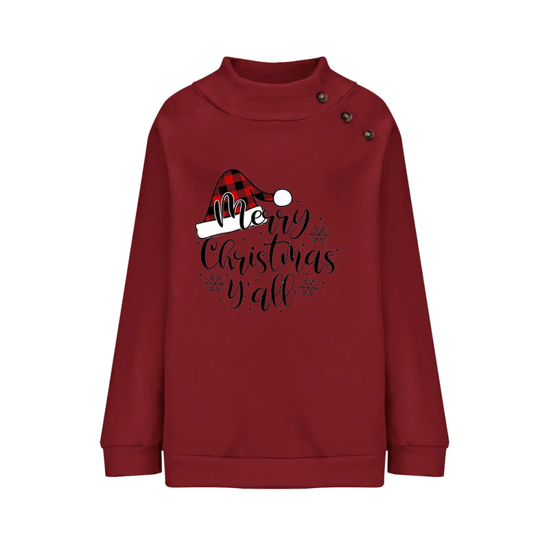 Christmas Spirit Turtleneck Pullover featuring a festive design with a Christmas hat and cheerful text.