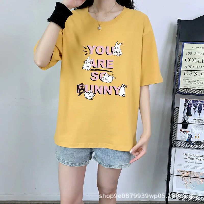Short Sleeve T-shirt For Women's featuring a playful bunny design on a yellow background.