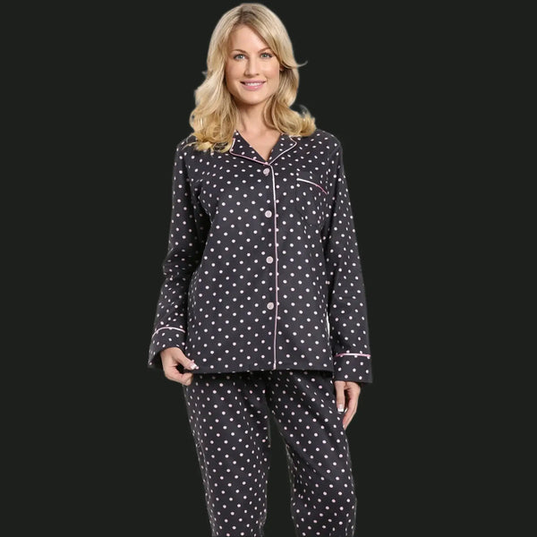 Cotton Flannel Pajamas 2Pc Pajama Set for Women in a polka dot pattern featuring a classic notch collar.