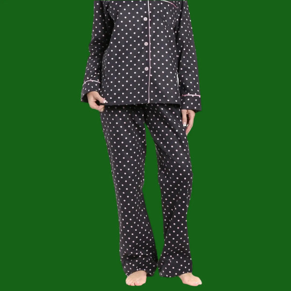 Cotton Flannel Pajamas 2Pc Pajama Set for Women in polka dot design, featuring classic notch collar and piped cuffs.