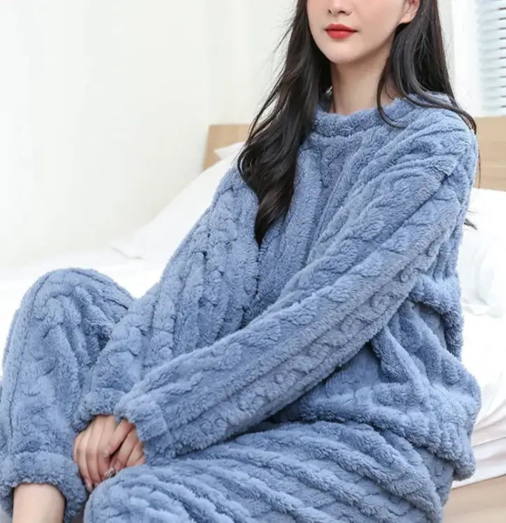 Cozy Coral Velvet Winter Pajama Set in soft blue color, perfect for warm and stylish loungewear during chilly nights.