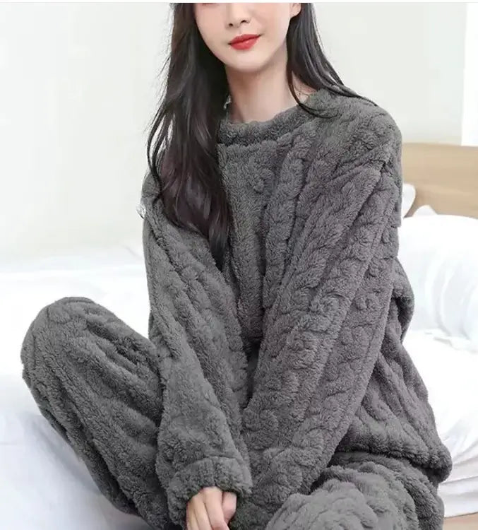 Cozy Coral Velvet Winter Pajama Set in dark gray cable knit style for ultimate comfort and warmth.