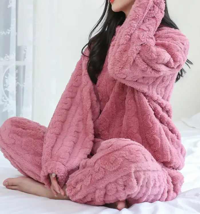Cozy Coral Velvet Winter Pajama Set in soft pink, perfect for winter loungewear and indoor relaxation.