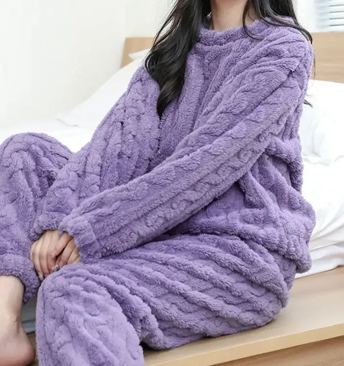 Cozy Coral Velvet Winter Pajama Set in soft purple color, perfect for chilly nights and relaxed indoor days.