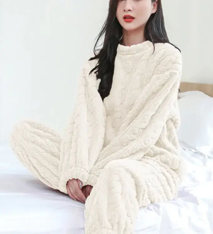 Cozy Coral Velvet Winter Pajama Set in soft beige, featuring plush fabric and stylish design for luxurious comfort.