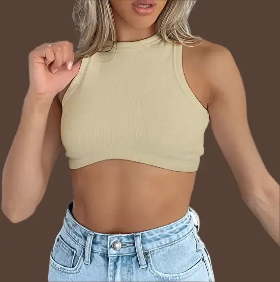 Crop Tops for Women Sexy Sleeveless Crewneck in light beige knit ribbed fabric.