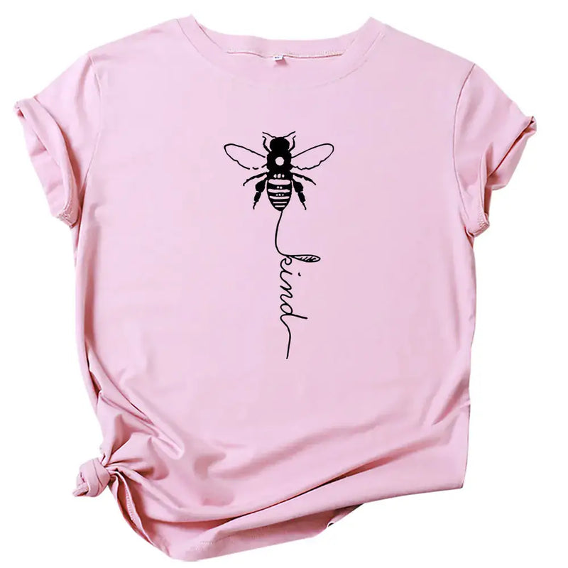 Short Sleeve T-Shirt for Women in pink with bee design and 'Be Kind' message.