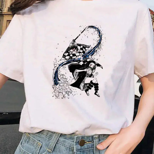 Demon Slayer Printed Short Sleeve T-Shirt for Women showcasing anime characters in stylish design.
