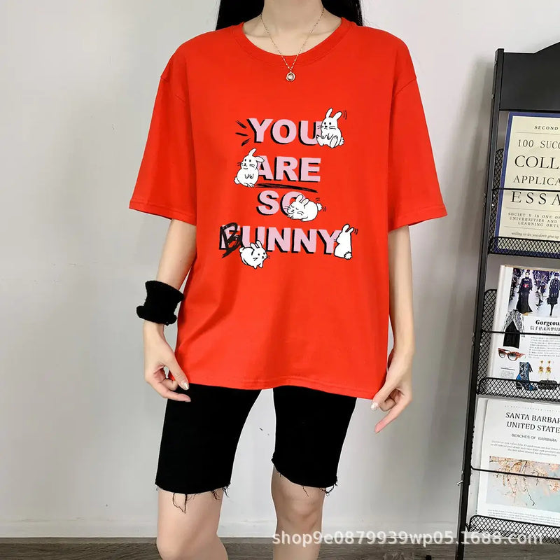 Short Sleeve T-shirt For Women's with a playful bunny design in vibrant red color