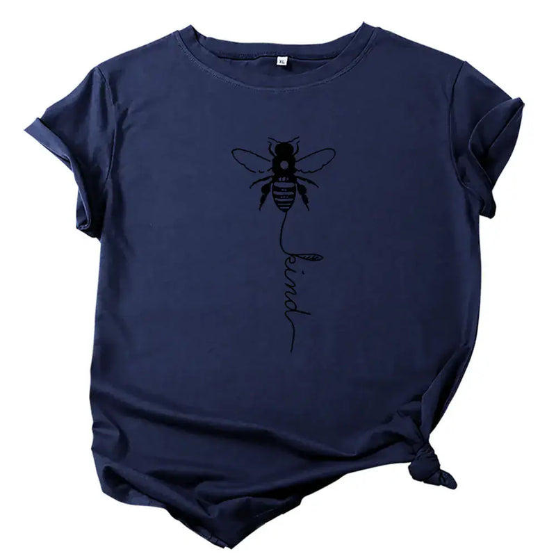 Short Sleeve T-Shirt for Women featuring a bee design and the word 'kind' in a stylish navy color.