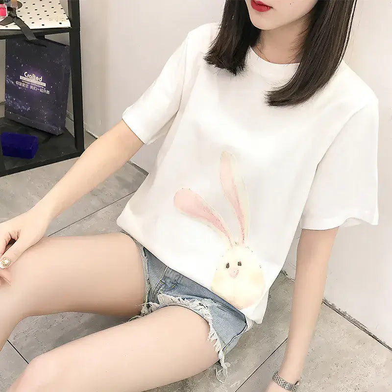 Short Sleeve T-Shirt for Women featuring a playful rabbit design, perfect for summer fashion.
