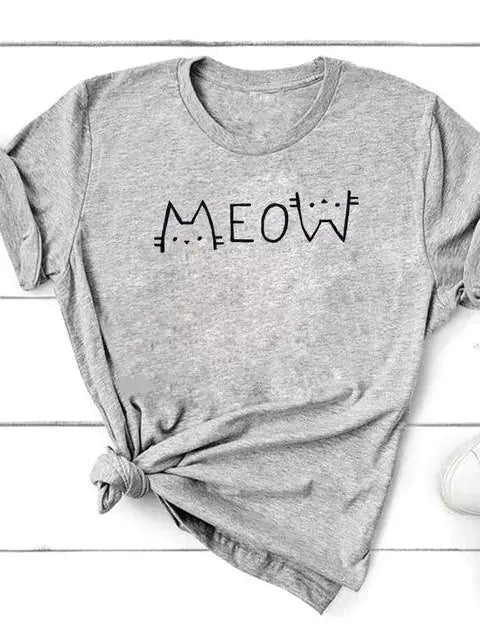 Short Sleeve T-Shirt for Women featuring a playful 'MEOW' design in a stylish gray fabric.