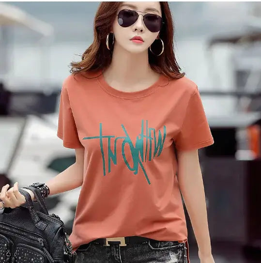 Short Sleeve T-Shirt for women in coral with stylish graphic design, perfect for casual summer wear.