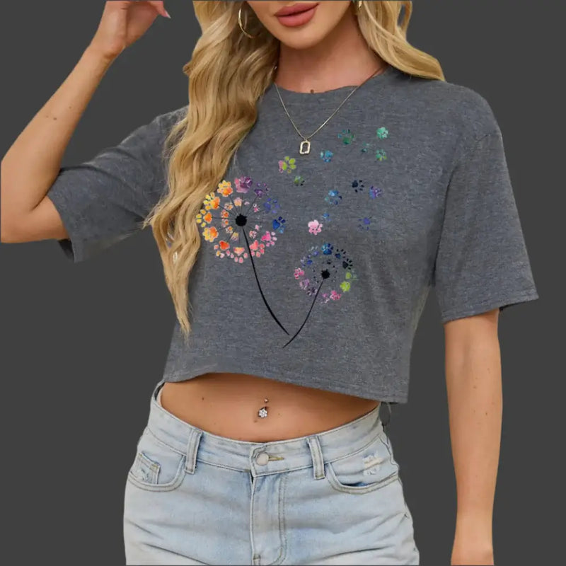 Floral Crop Tops for Women Boho Wildflower featuring colorful floral design on a gray crop top.