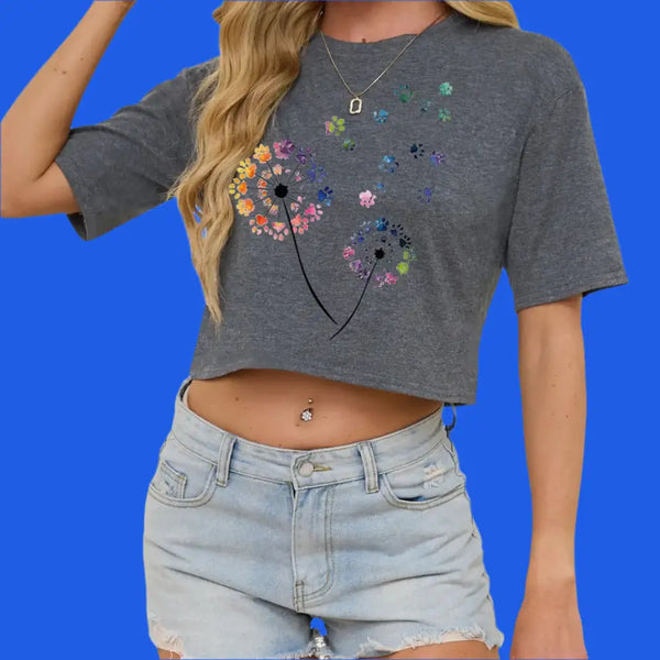 Floral Crop Tops for Women Boho Wildflower featuring a colorful floral design on a grey crop t-shirt.