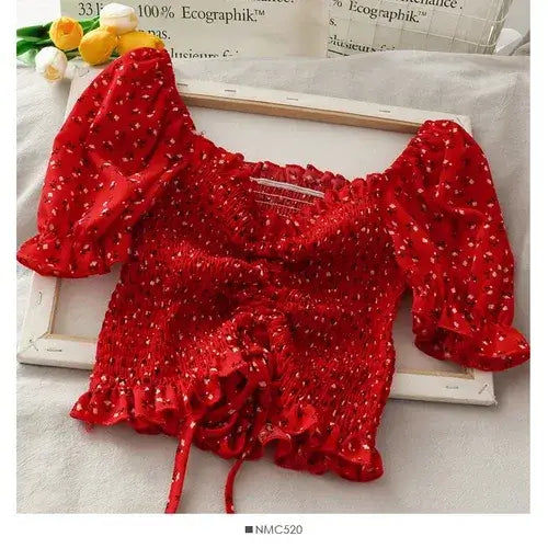 Floral Ruffled Tops for Women - Elegant Chic Crop Top in red with puff sleeves and floral pattern, perfect for stylish occasions.