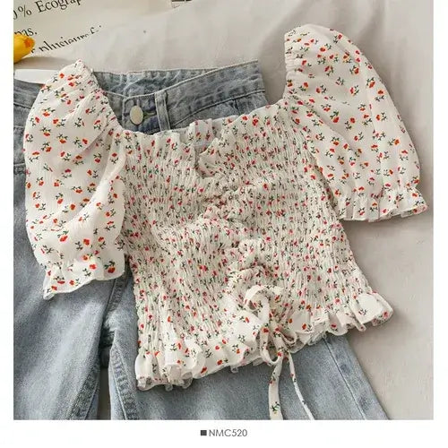 Floral Ruffled Tops for Women - Elegant Chic Crop Top styled with light denim