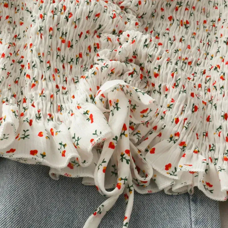 Floral Ruffled Tops for Women - Elegant Chic Crop Top featuring delicate floral design and ruffle details.