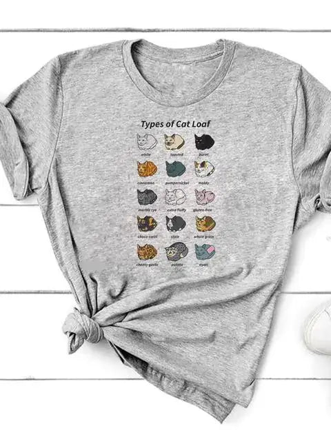 Short Sleeve T-Shirt for Women featuring fun cat loaf graphic design on a soft gray fabric.