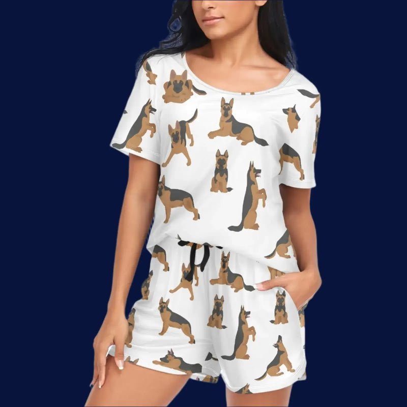 Woman wearing German Shepherd Pajamas Sleepwear with playful dog print, comfortable two-piece sleepwear set.