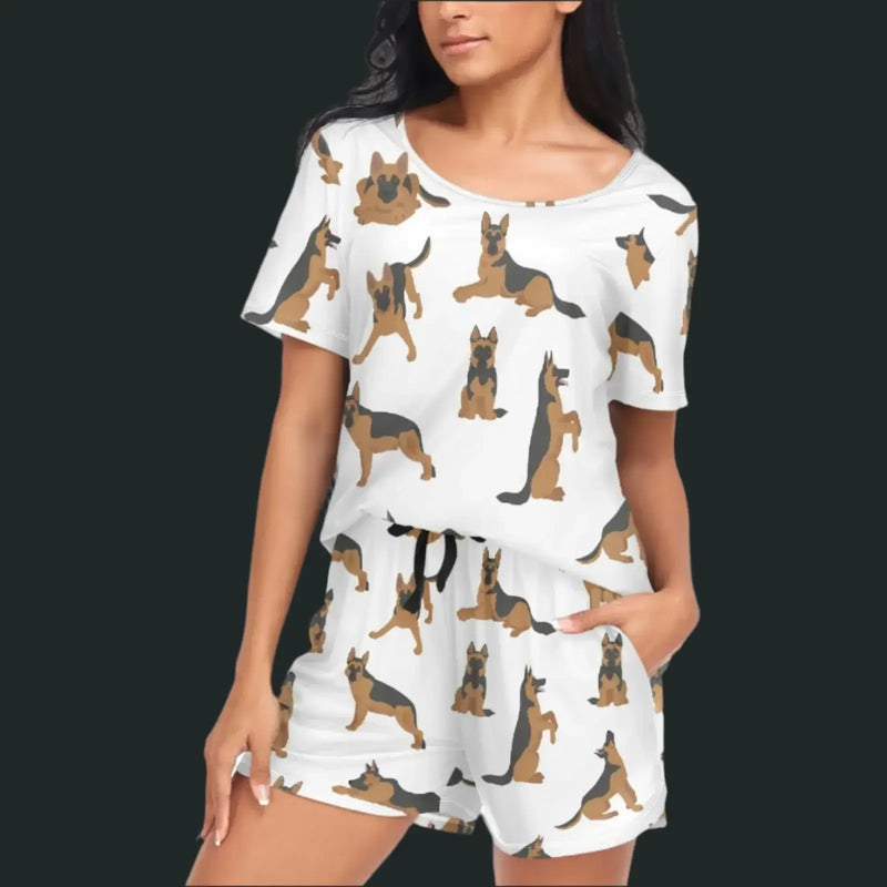 German Shepherd Pajamas Sleepwear featuring a woman in a cozy two-piece set with German Shepherd designs.