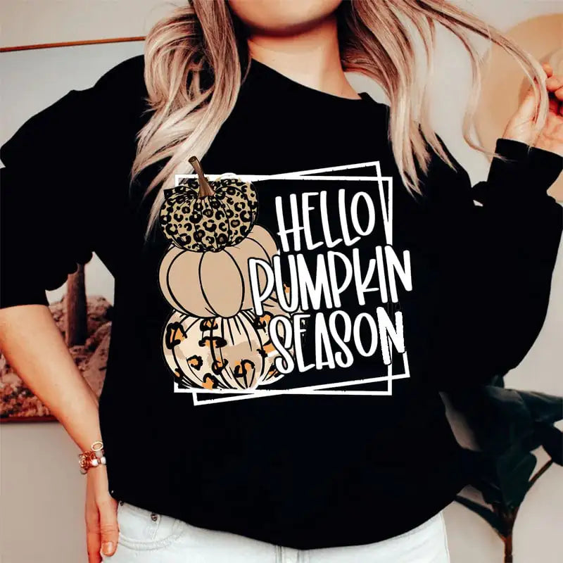October Magic Women's Cotton Sweater featuring a pumpkin design and the phrase 'Hello Pumpkin Season'.