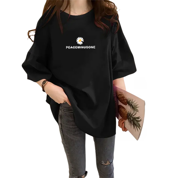 Short Sleeve T-Shirt for Women in black featuring a daisy design and Peace Minus One text, perfect for casual summer wear.