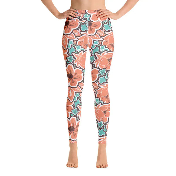 Island Bloom Women's Yoga Leggings featuring a vibrant floral pattern in peach and turquoise colors.