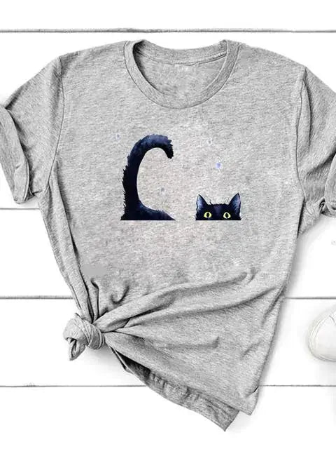 Short Sleeve T-Shirt for Women featuring a playful design with a cat and tail on a grey background.