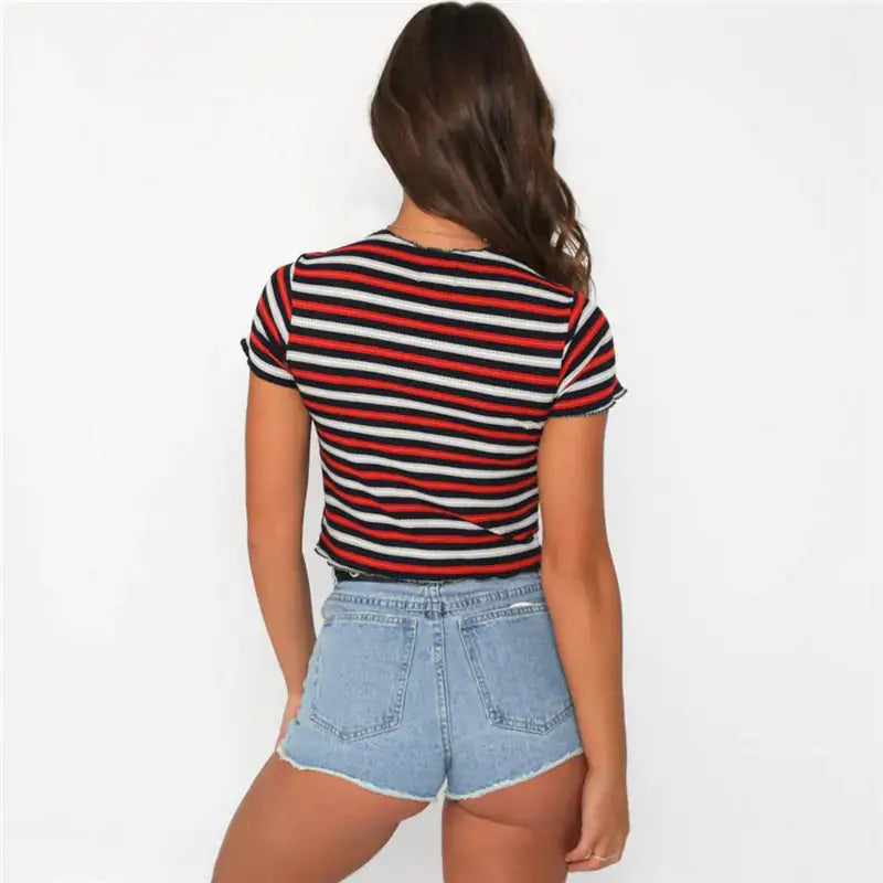Short Sleeve T-Shirt for Women showcasing the back design with striped pattern, paired with denim shorts.