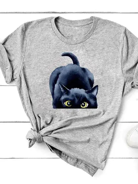 Short Sleeve T-Shirt for Women featuring a playful black cat design on a gray background.