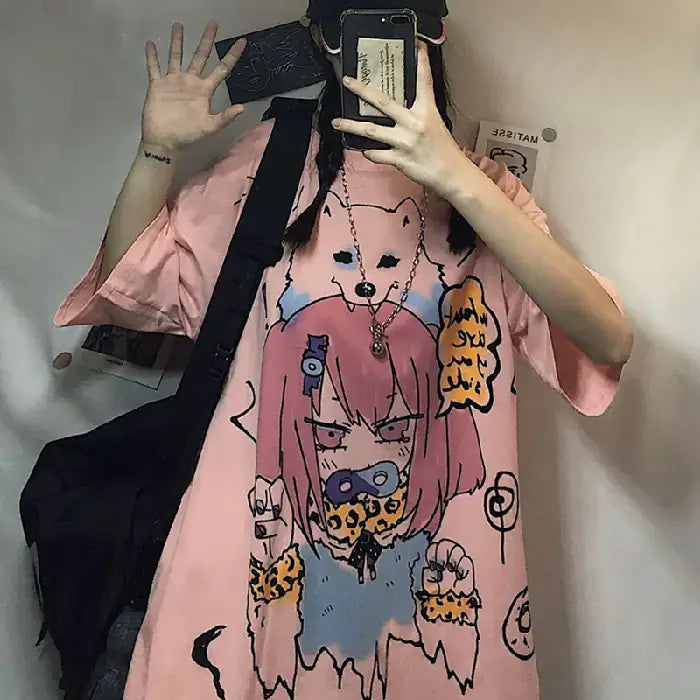 Short Sleeve T-Shirt for Women featuring a trendy anime cartoon pattern, showcased in a casual outfit.