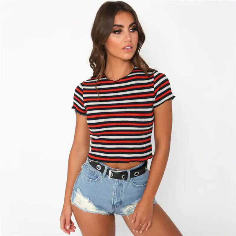 Short Sleeve T-Shirt for Women in stylish striped design, perfect for casual autumn and winter wear.