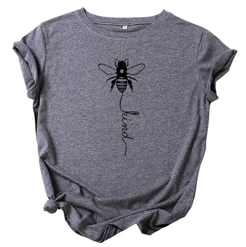 Short Sleeve T-Shirt for Women featuring a bee graphic and the word 'kind' in a casual design.