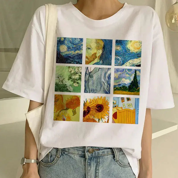 Short Sleeve T-Shirt for Women featuring Van Gogh-inspired art prints in a stylish design.