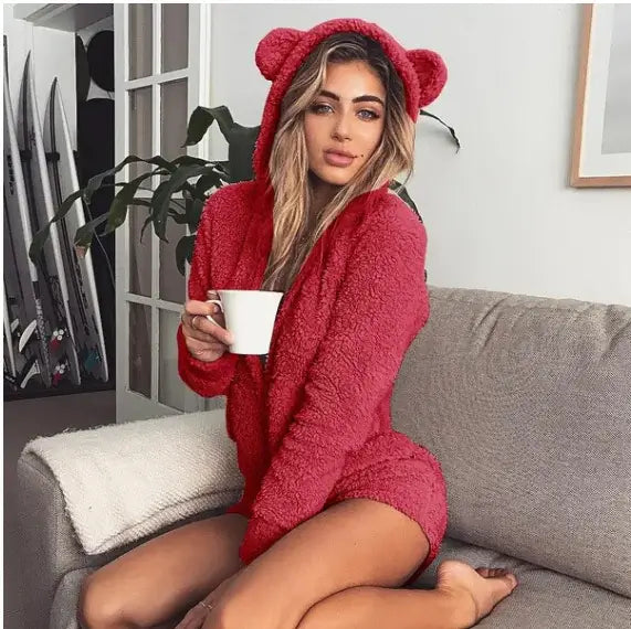 Ladies' Snuggle Bear Hooded PJs in soft red fleece, featuring a bear hood, perfect for cozy lounging.