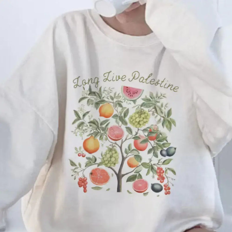 Short Sleeve T-shirt for women featuring a colorful fruit design and the phrase "Long Live Palestine".