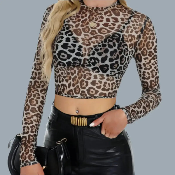 Long Sleeve Mesh Crop Top featuring animal print design, long sleeves, and mock neck for trendy styling.