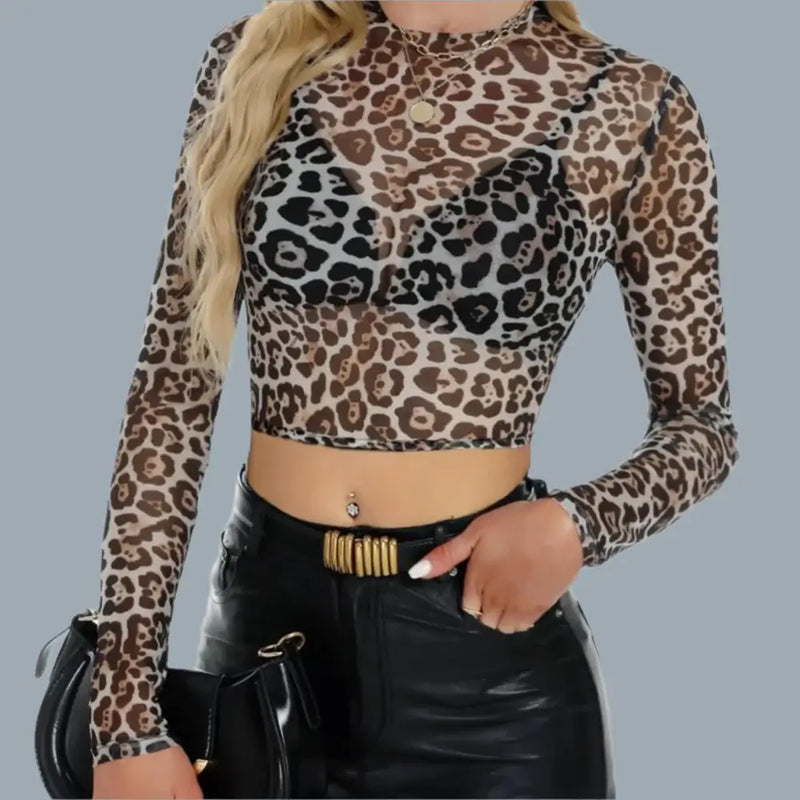 Long Sleeve Mesh Crop Top featuring animal print design, long sleeves, and mock neck for trendy styling.